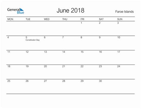 Printable June 2018 Monthly Calendar With Holidays For Faroe Islands