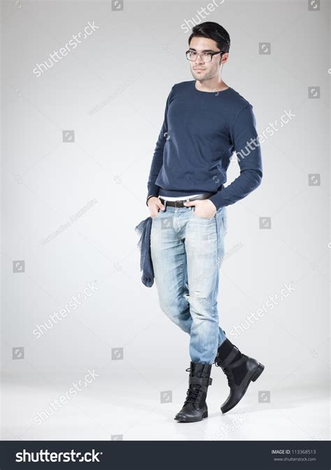 Attractive Man Posing Studio Full Body Stock Photo