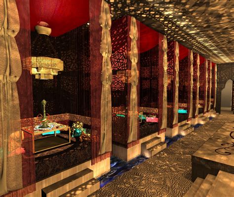 Is an establishment where patrons share shisha (flavored tobacco) from a communal hookah or nargile which is placed at each table. Hookah bar 3d visualization and design, work in 3D ...