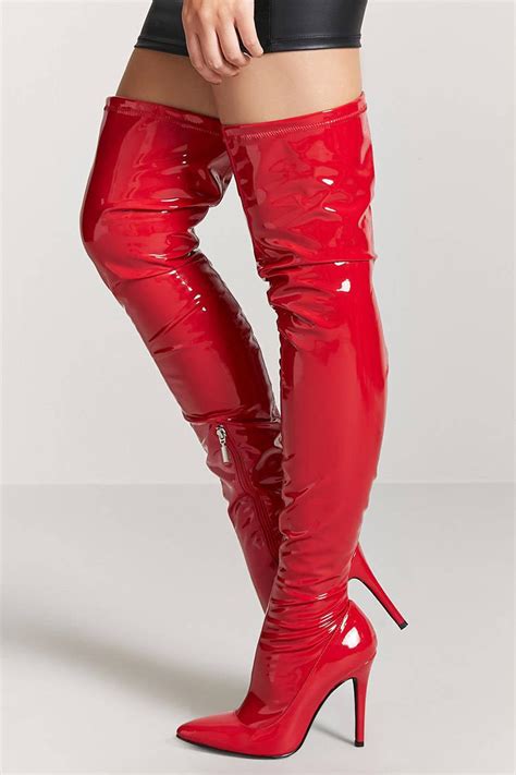 Lyst Forever 21 Faux Patent Leather Thigh High Boots In Red