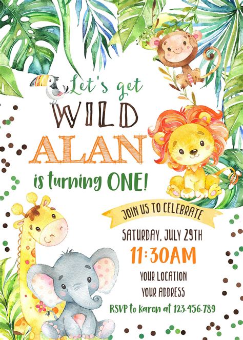 Jungle Animal Safari Birthday Invitation Wild One Invite