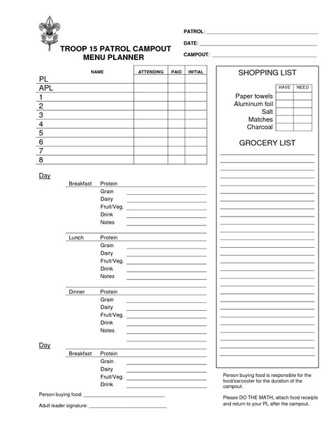 Boy Scout Activity Planning Worksheet