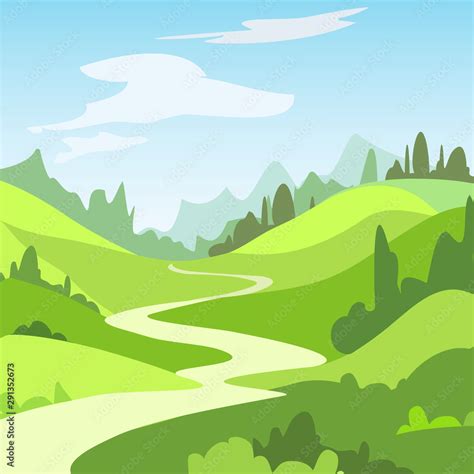 Cartoon Landscape With Green Fields Trees Beautiful Rural Nature