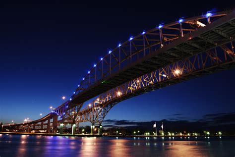 Lighted Suspension Bridge Cityscape Bridge Canada Blue Water Bridge