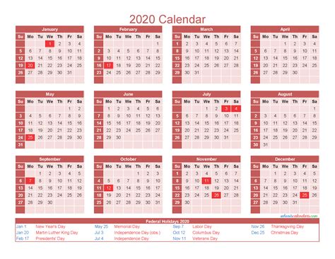 Free 2020 12 Month Calendar Printable Pdf Excel Image