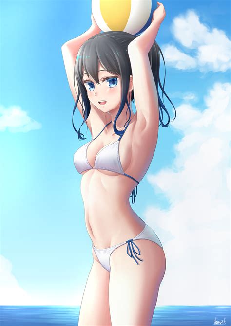 Safebooru 1girl Absurdres Armpits Arms Up Ball Beachball Bikini Black Hair Blue Eyes Blue Sky