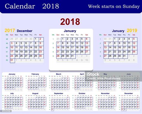 Calendar Grid For 2018 Week Starts From Sunday And From December Of The