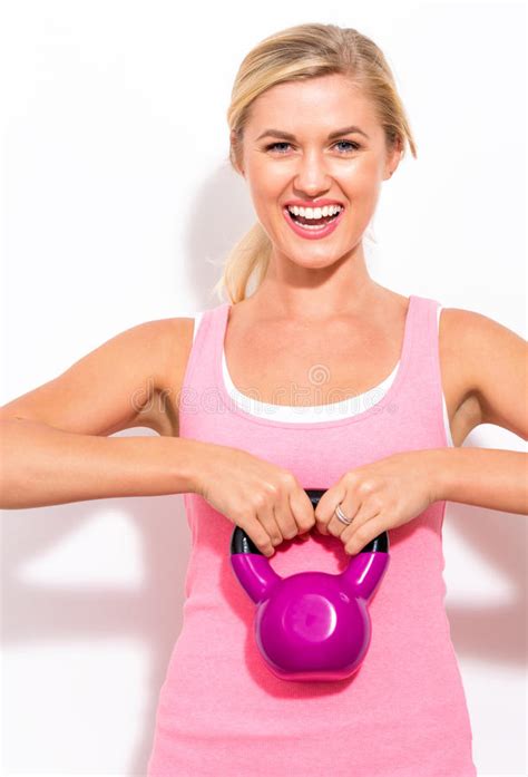 Happy Woman Working Out With Kettlebell Stock Photo Image Of Cheerful