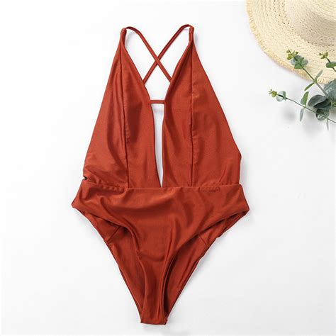 Solid Color One Piece Deep V Ladies Swimsuits Female Backless Swimwear