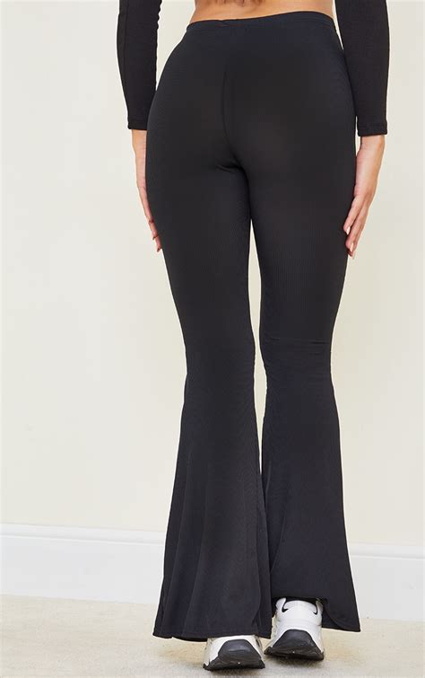 Tall Black Ribbed High Waist Flared Trousers Prettylittlething Usa