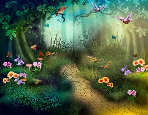 Download Bird Grass Flower Stone Path Tree Fantasy Artistic Forest Hd