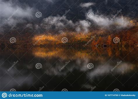 Lake Bohinj Slovenia Idyllic Rainy Landscape With Reflection Of