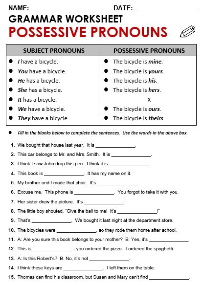 Possessive Pronouns Worksheets