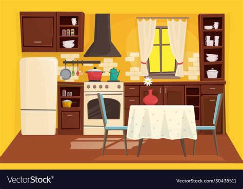 Residential interior of modern kitchen in luxury mansion. Cute kitchen interior flat cartoon Royalty Free Vector Image