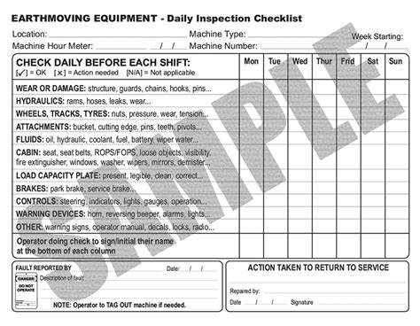 Pre Start Daily Inspection Checklist For Earthmoving Equipment