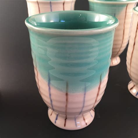 Set Of Vintage Stripe Pottery Glasses Cup Set Of Turquoise Etsy