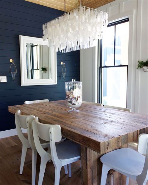 A wide range of colors and materials by the famous american manufacturers straight to your dining room! Modern farmhouse dining room with navy blue shiplap and ...