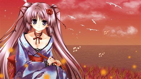 Long Hair Anime Anime Girls Japanese Clothes Kimono Sky Birds
