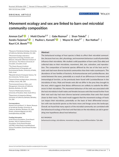 Pdf Movement Ecology And Sex Are Linked To Barn Owl Microbial Community Composition