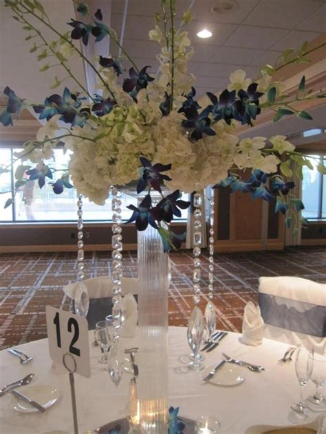 Tall Blue Orchid Centerpiece With Crystals Blue Wedding Flowers Fall