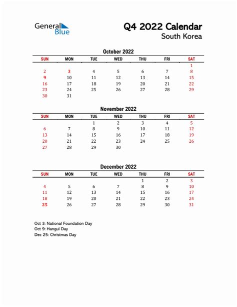 Q4 2022 Quarterly Calendar With South Korea Holidays