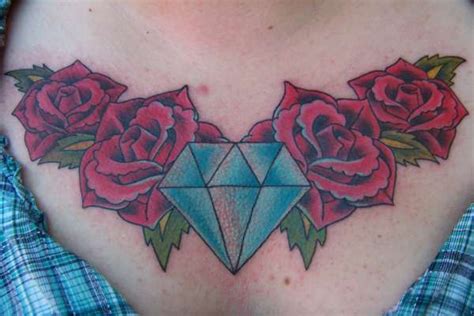 Diamond And Roses Chestpiece Tattoo