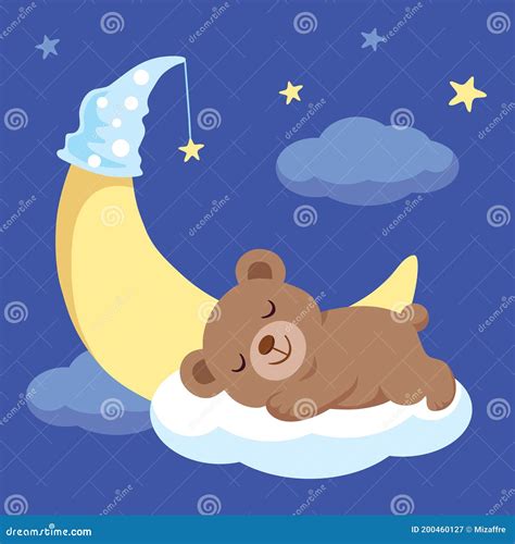 Baby Bear Sleeping On The Cloud Beside With Moon Stock Vector