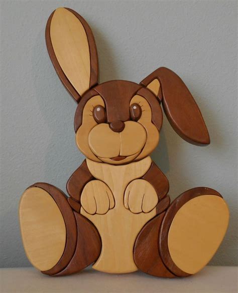 Hand Carved Wood Art Intarsia Home Decor Bunny Rabbit Wall Hanger