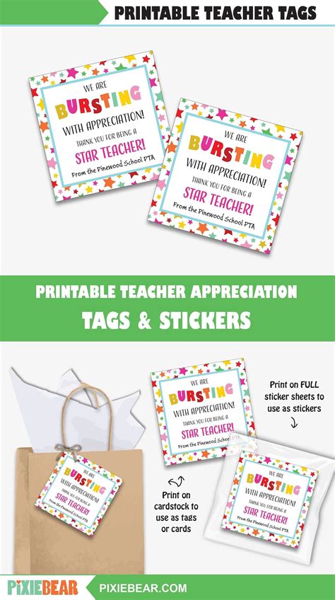 Printable Bursting With Appreciation T Tag Starburst Teacher
