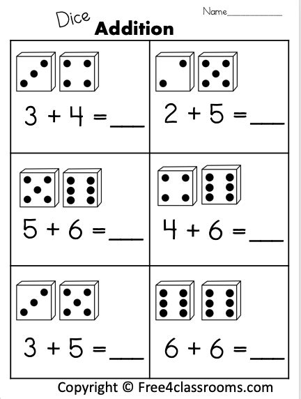 Free Addition Worksheet 1 Digit With Dice Free4classrooms