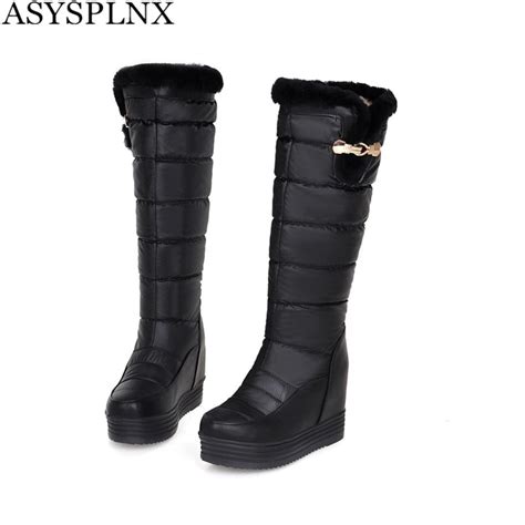 Asysplnx Russia Black White Wedge Height Knee High Women Snow Boots