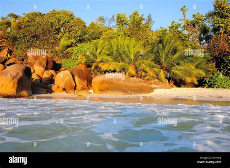 Beach In The Evening Light Anse Lazio Praslin Seychelles Stock Photo