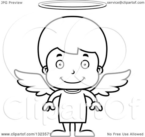 Lineart Clipart Of A Cartoon Black And White Happy Boy