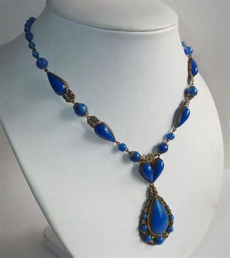 Art Deco Czech Brass And Blue Glass Pendant Necklace Bejewelled Ruby Lane