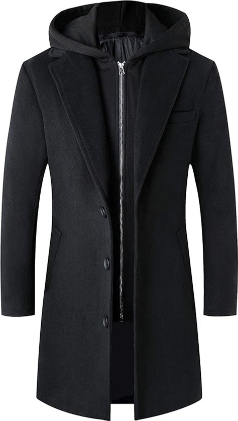 Lisskolo Mens Wool Blend Overcoat With Detachable Hooded Trench Coat