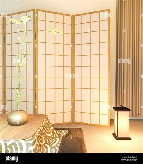 Japanese Partition Paper Wooden Design On Living Room Tatami Floor3d