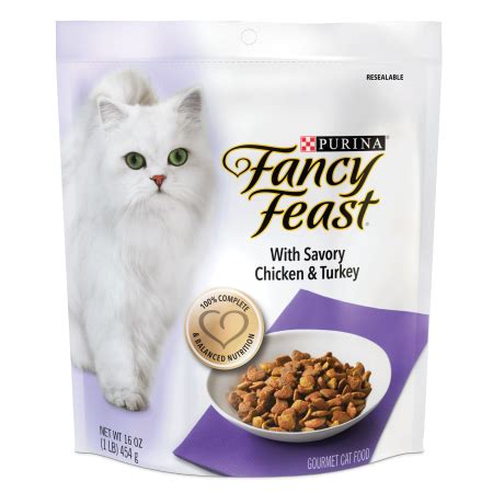 The most basic canned food you can find from the fancy feast brand, it features 78% moisture and minimum 9% crude protein, which supports proper feline hydration and development. Fancy Feast with Savory Chicken & Turkey Dry Cat Food, 1 ...