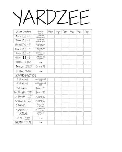 Yardzee Score Sheet Printable Printable Word Searches