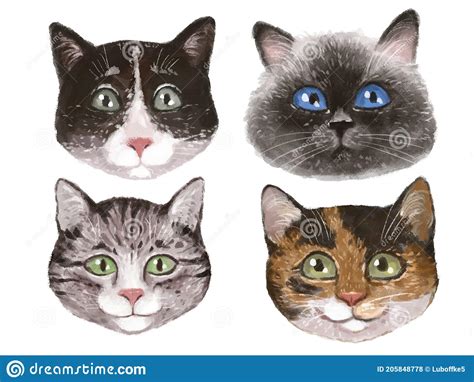 Illustration Of Portraits Of Cats A Set Of Different Faces Of Cats