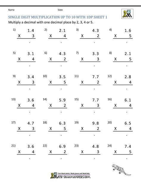Grade 5 math worksheets on multiplying decimals (1 or 2 digits). Decimal Multiplication Worksheets 5th Grade