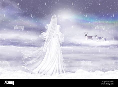 Snow Queen Northern Lights Deer Fairy Tale Digital Art Fantasy