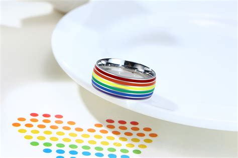 8mm Stainless Steel Enamel Rainbow Lgbt Pride Ring For Lesbian And Gay Lgbtq Pride Wedding