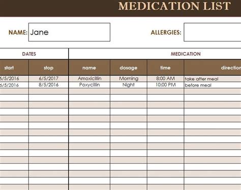 Blank Medication List Templates Templates Example Templates