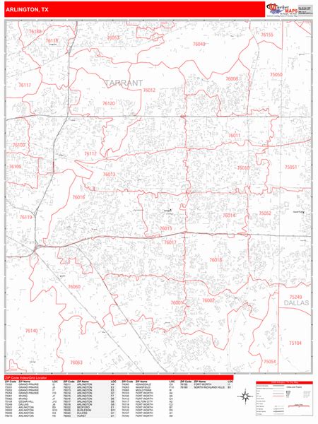 Arlington Texas Zip Code Wall Map Red Line Style By Marketmaps Mapsales