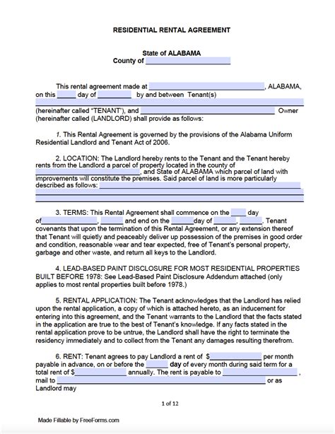 Free Printable Alabama Residential Lease Agreement