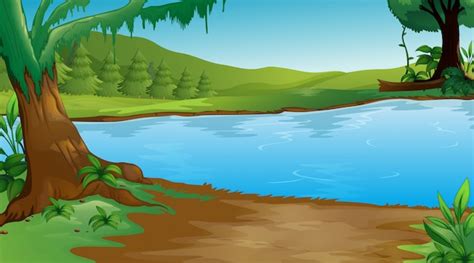 Premium Vector Background Scene With Trees And Lake