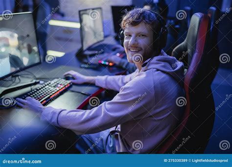 Smiling Gamer Looking At Camera While Stock Image Image Of Lifestyle