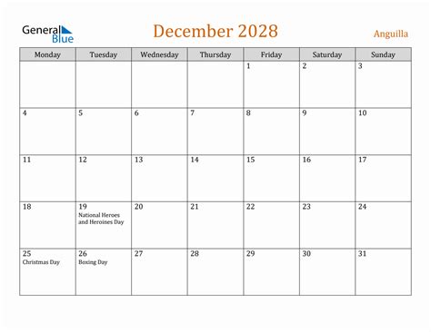 Free December 2028 Anguilla Calendar