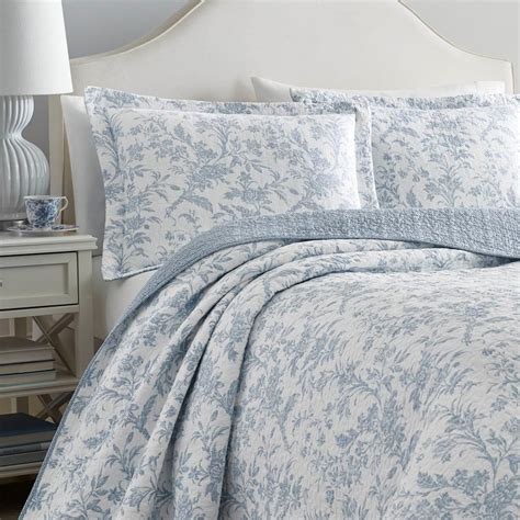 Laura Ashley Amberley 3 Piece Soft Blue Floral Cotton King Quilt Set