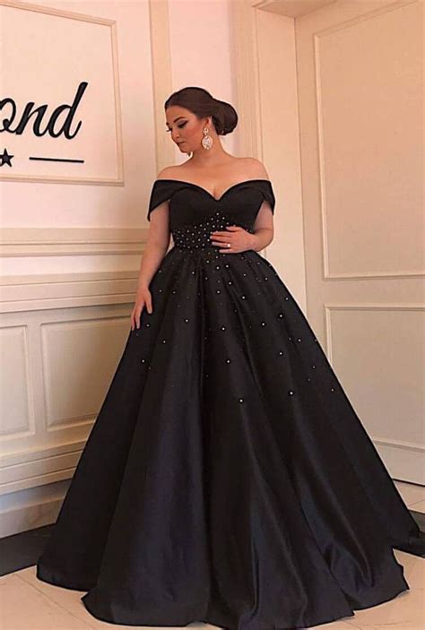 Long Black Satin Beaded Ball Gowns Prom Dresses Off The Shoulder Plus